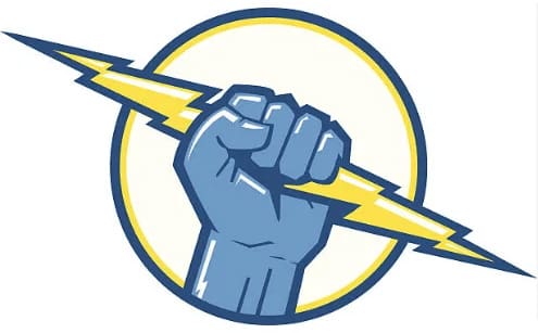 A blue hand holding an electric cable.